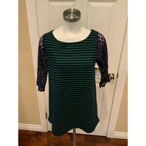 Postmark Navy Blue & Green Striped Shirt, W/ Lace Sleeves, Size Small